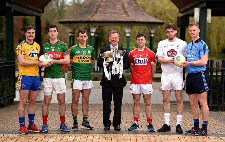 Pictured are Jack Savage (Kerry), Stephen Cronin (Cork), Andy Foley (Dublin), Mark Sherry (Kildare), Ultan Harney (Roscommon) and Brian Reape (Mayo) who were in Dublin to preview the EirGrid GAA U21 Leinster, Connacht and Munster Finals where Dublin take on Kildare, Roscommon will meet Mayo and Kerry will play Cork. Leeson Street Bridge, Dublin. Picture credit: Stephen McCarthy / SPORTSFILE