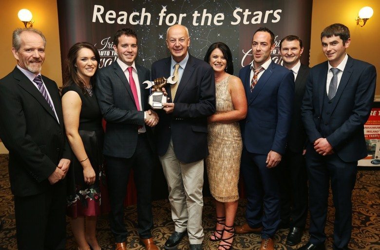 James Kelly, Patricia Kelly, James Kelly, Eithne Flynn, Niall Tracey, Danny Madden and Eamon Lohan (Connacht/Ulster HCV Aftersales Main Dealer of the Year Kelly Trucks Ltd) are presented with the award by Bobby Kerr at the Irish Auto Trade Awards 2017 at the CityWest Hotel.